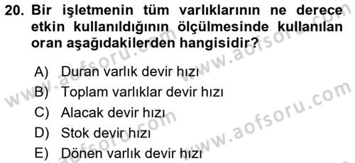 Sağlık İşletmelerinde Finansal Yönetim Dersi 2024 - 2025 Yılı (Vize) Ara Sınav Soruları 20. Soru