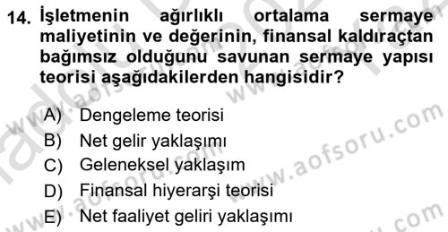 Sağlık İşletmelerinde Finansal Yönetim Dersi 2024 - 2025 Yılı Yaz Okulu Sınav Soruları 14. Soru