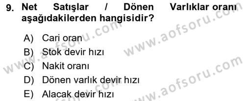 Sağlık İşletmelerinde Finansal Yönetim Dersi 2024 - 2025 Yılı Yaz Okulu Sınav Soruları 9. Soru