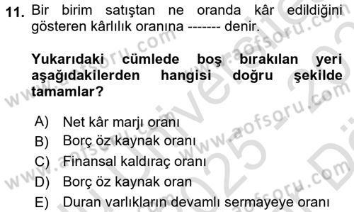 Sağlık İşletmelerinde Finansal Yönetim Dersi 2025 - 2026 Yılı (Vize) Ara Sınav Soruları 11. Soru