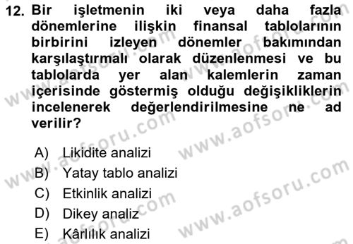 Sağlık İşletmelerinde Finansal Yönetim Dersi 2025 - 2026 Yılı (Vize) Ara Sınav Soruları 12. Soru