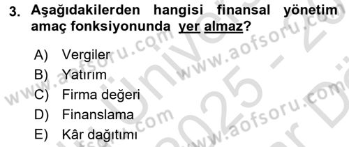 Sağlık İşletmelerinde Finansal Yönetim Dersi 2025 - 2026 Yılı (Vize) Ara Sınav Soruları 3. Soru
