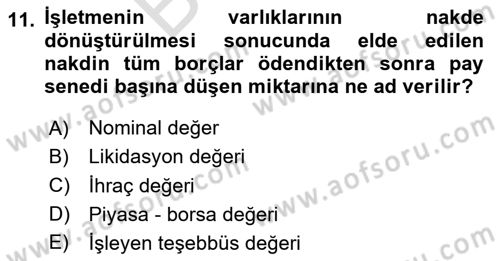 Sağlık İşletmelerinde Finansal Yönetim Dersi 2025 - 2026 Yılı (Final) Dönem Sonu Sınav Soruları 11. Soru