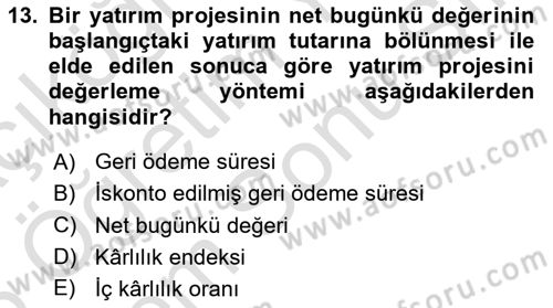 Sağlık İşletmelerinde Finansal Yönetim Dersi 2025 - 2026 Yılı (Final) Dönem Sonu Sınav Soruları 13. Soru