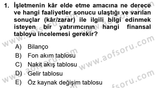 Sağlık İşletmelerinde Finansal Yönetim Dersi 2025 - 2026 Yılı Yaz Okulu Sınav Soruları 1. Soru