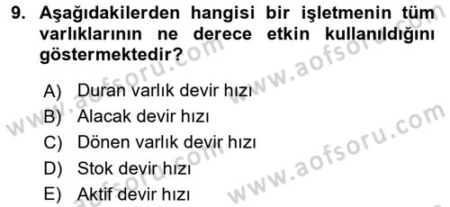 Sağlık İşletmelerinde Finansal Yönetim Dersi 2025 - 2026 Yılı Yaz Okulu Sınav Soruları 9. Soru
