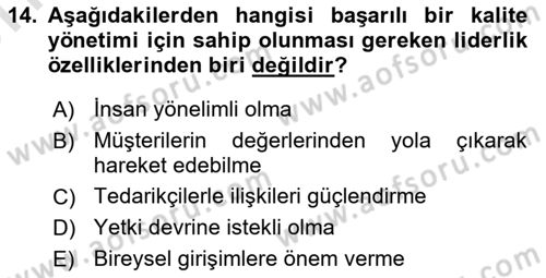 Sağlık İşletmelerinde Kalite Yönetim Dersi 2021 - 2022 Yılı (Vize) Ara Sınavı 14. Soru