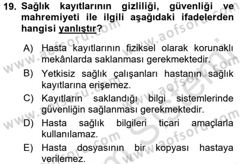 Tıbbi Belgeleme Dersi Ara Sınavı Deneme Sınav Soruları 19. Soru