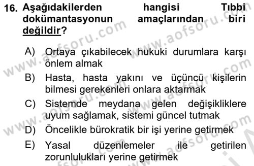 Tıbbi Belgeleme Dersi 2020 - 2021 Yılı Yaz Okulu Sınav Soruları 16. Soru