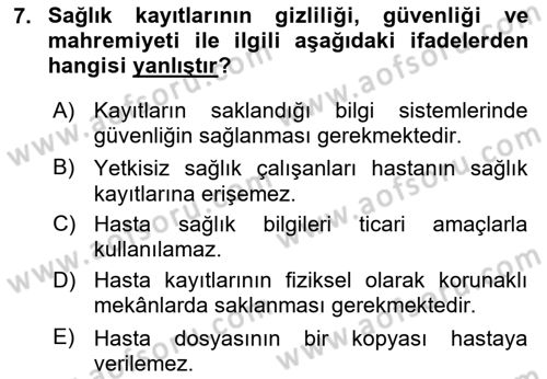 Tıbbi Belgeleme Dersi 2020 - 2021 Yılı Yaz Okulu Sınav Soruları 7. Soru