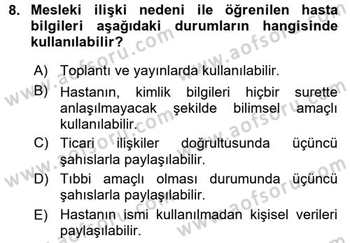 Tıbbi Belgeleme Dersi 2022 - 2023 Yılı (Final) Dönem Sonu Sınav Soruları 8. Soru