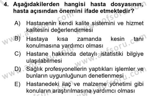 Tıbbi Belgeleme Dersi 2022 - 2023 Yılı Yaz Okulu Sınav Soruları 4. Soru