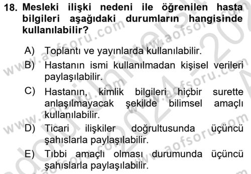 Tıbbi Belgeleme Dersi Ara Sınavı Deneme Sınav Soruları 18. Soru