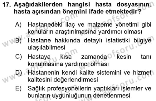 Tıbbi Belgeleme Dersi 2025 - 2026 Yılı (Vize) Ara Sınav Soruları 17. Soru