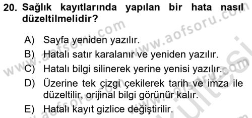Tıbbi Belgeleme Dersi 2025 - 2026 Yılı (Vize) Ara Sınav Soruları 20. Soru