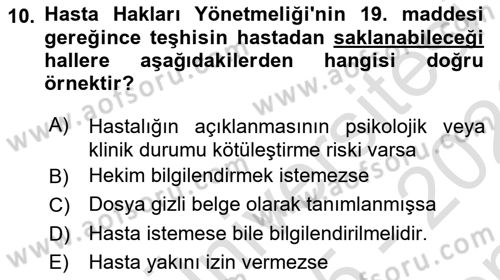 Tıbbi Belgeleme Dersi 2025 - 2026 Yılı (Final) Dönem Sonu Sınav Soruları 10. Soru