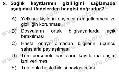 Tıbbi Belgeleme Dersi 2025 - 2026 Yılı (Final) Dönem Sonu Sınav Soruları 8. Soru