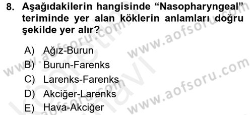 Tıp Terimleri Dersi 2017 - 2018 Yılı 3 Ders Sınav Soruları 8. Soru