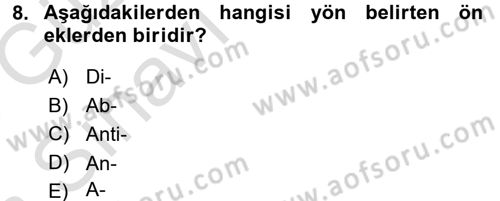 Tıp Terimleri Dersi Ara Sınavı Deneme Sınav Soruları 8. Soru