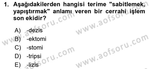 Tıp Terimleri Dersi 2020 - 2021 Yılı Yaz Okulu Sınavı 1. Soru