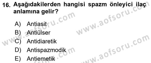 Tıp Terimleri Dersi Ara Sınavı Deneme Sınav Soruları 16. Soru