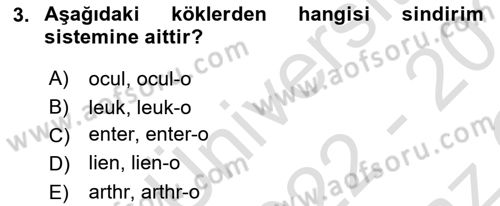 Tıp Terimleri Dersi 2022 - 2023 Yılı Yaz Okulu Sınav Soruları 3. Soru