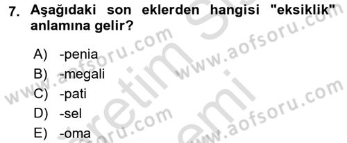 Tıp Terimleri Dersi 2025 - 2026 Yılı (Final) Dönem Sonu Sınav Soruları 7. Soru