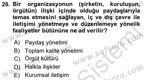 Sağlık Kurumları Yönetimi 1 Dersi 2021 - 2022 Yılı (Final) Dönem Sonu Sınav Soruları 20. Soru