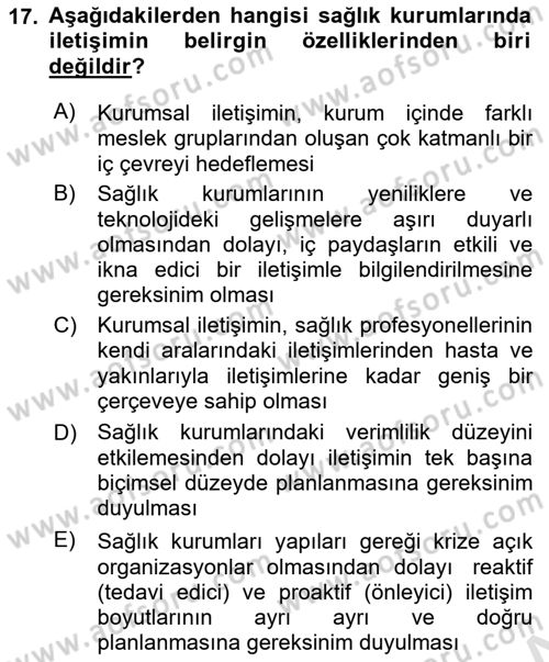 Sağlık Kurumları Yönetimi 1 Dersi 2023 - 2024 Yılı (Final) Dönem Sonu Sınav Soruları 17. Soru