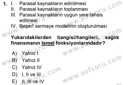 Sağlık Kurumları Yönetimi 1 Dersi 2024 - 2025 Yılı (Vize) Ara Sınavı 1. Soru