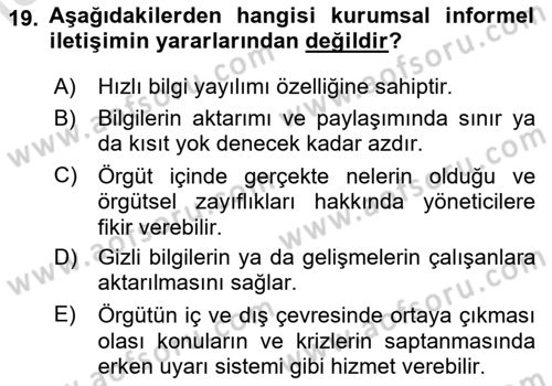 Sağlık Kurumları Yönetimi 1 Dersi 2025 - 2026 Yılı (Final) Dönem Sonu Sınav Soruları 19. Soru