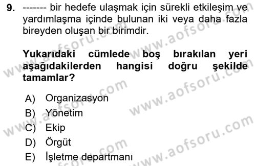 Sağlık Kurumları Yönetimi 2 Dersi 2018 - 2019 Yılı (Final) Dönem Sonu Sınav Soruları 9. Soru