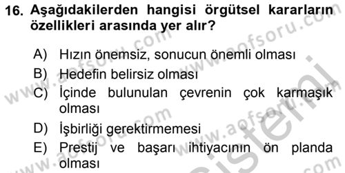 Sağlık Kurumları Yönetimi 2 Dersi 2018 - 2019 Yılı Yaz Okulu Sınav Soruları 16. Soru