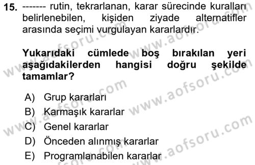 Sağlık Kurumları Yönetimi 2 Dersi 2020 - 2021 Yılı Yaz Okulu Sınav Soruları 15. Soru