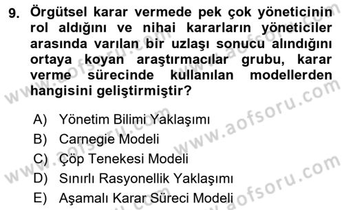 Sağlık Kurumları Yönetimi 2 Dersi 2025 - 2026 Yılı Yaz Okulu Sınav Soruları 9. Soru
