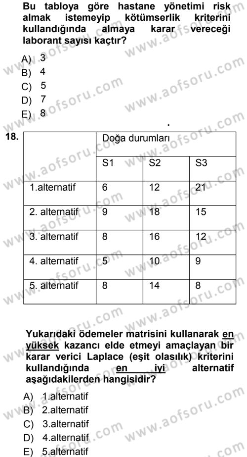 Sağlık Kurumlarında Operasyon Yönetimi Dersi Ara Sınavı Deneme Sınav Soruları 18. Soru