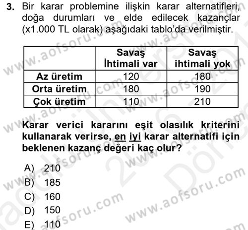 Sağlık Kurumlarında Operasyon Yönetimi Dersi 2016 - 2017 Yılı (Final) Dönem Sonu Sınav Soruları 3. Soru