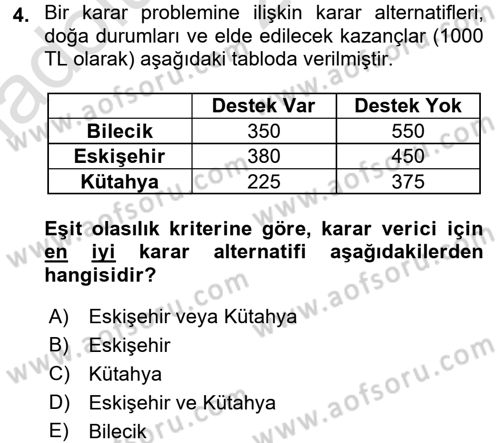 Sağlık Kurumlarında Operasyon Yönetimi Dersi Ara Sınavı Deneme Sınav Soruları 4. Soru