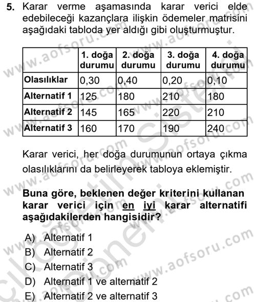 Sağlık Kurumlarında Operasyon Yönetimi Dersi Ara Sınavı Deneme Sınav Soruları 5. Soru