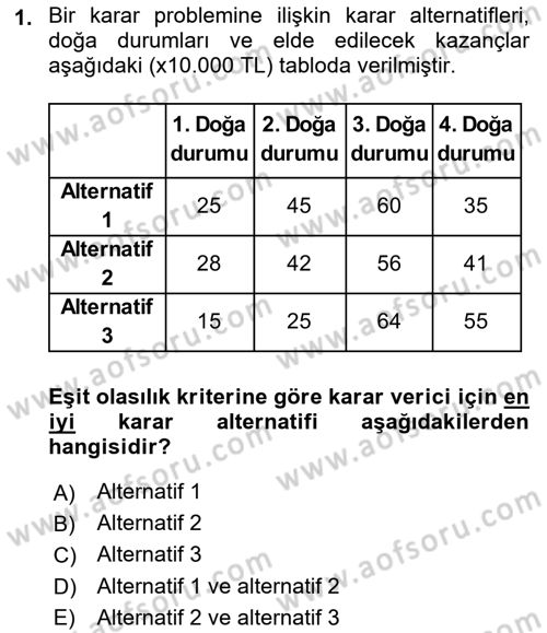 Sağlık Kurumlarında Operasyon Yönetimi Dersi Ara Sınavı Deneme Sınav Soruları 1. Soru