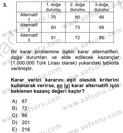 Sağlık Kurumlarında Operasyon Yönetimi Dersi 2019 - 2020 Yılı (Vize) Ara Sınav Soruları 3. Soru