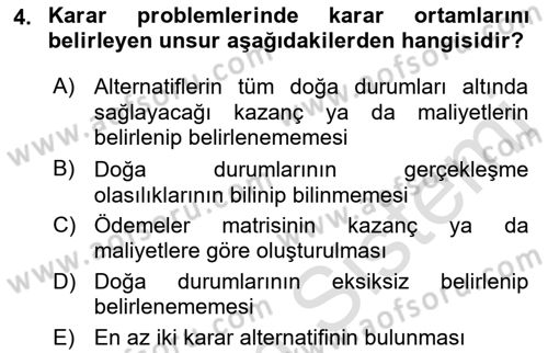 Sağlık Kurumlarında Operasyon Yönetimi Dersi Ara Sınavı Deneme Sınav Soruları 4. Soru