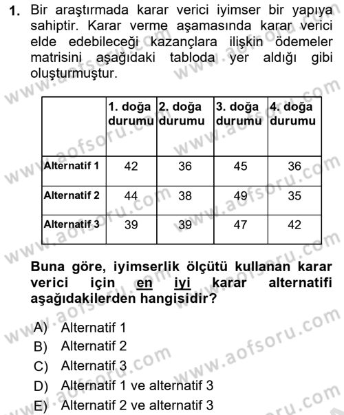 Sağlık Kurumlarında Operasyon Yönetimi Dersi 2020 - 2021 Yılı Yaz Okulu Sınav Soruları 1. Soru