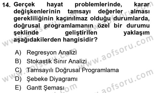 Sağlık Kurumlarında Operasyon Yönetimi Dersi 2021 - 2022 Yılı (Vize) Ara Sınav Soruları 14. Soru