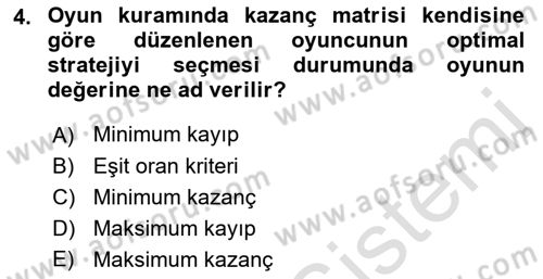 Sağlık Kurumlarında Operasyon Yönetimi Dersi Ara Sınavı Deneme Sınav Soruları 4. Soru