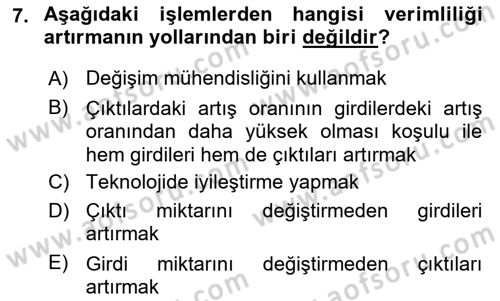 Sağlık Kurumlarında Operasyon Yönetimi Dersi 2024 - 2025 Yılı (Final) Dönem Sonu Sınav Soruları 7. Soru