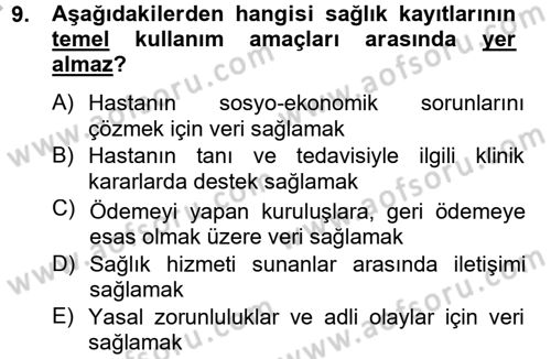 Sağlık Kurumlarında Bilgi Sistemleri Dersi 2012 - 2013 Yılı (Vize) Ara Sınav Soruları 9. Soru