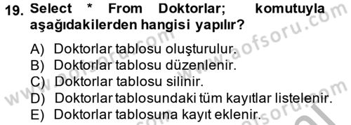 Sağlık Kurumlarında Bilgi Sistemleri Dersi 2013 - 2014 Yılı (Vize) Ara Sınav Soruları 19. Soru