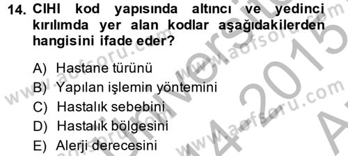 Sağlık Kurumlarında Bilgi Sistemleri Dersi 2014 - 2015 Yılı (Vize) Ara Sınav Soruları 14. Soru