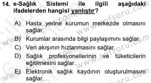 Sağlık Kurumlarında Bilgi Sistemleri Dersi 2015 - 2016 Yılı Tek Ders Sınav Soruları 14. Soru